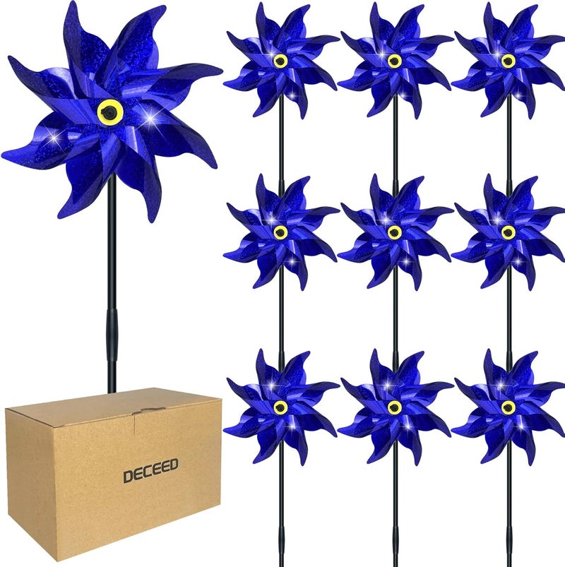 DECEED 10 PCS Reflective Pinwheels for Yard and Garden Bird Devices Pre-Installed Sparkly Wind Spinner Deterrent to Scare Birds Away from Yard Patio Farm (Blue) - Image 1